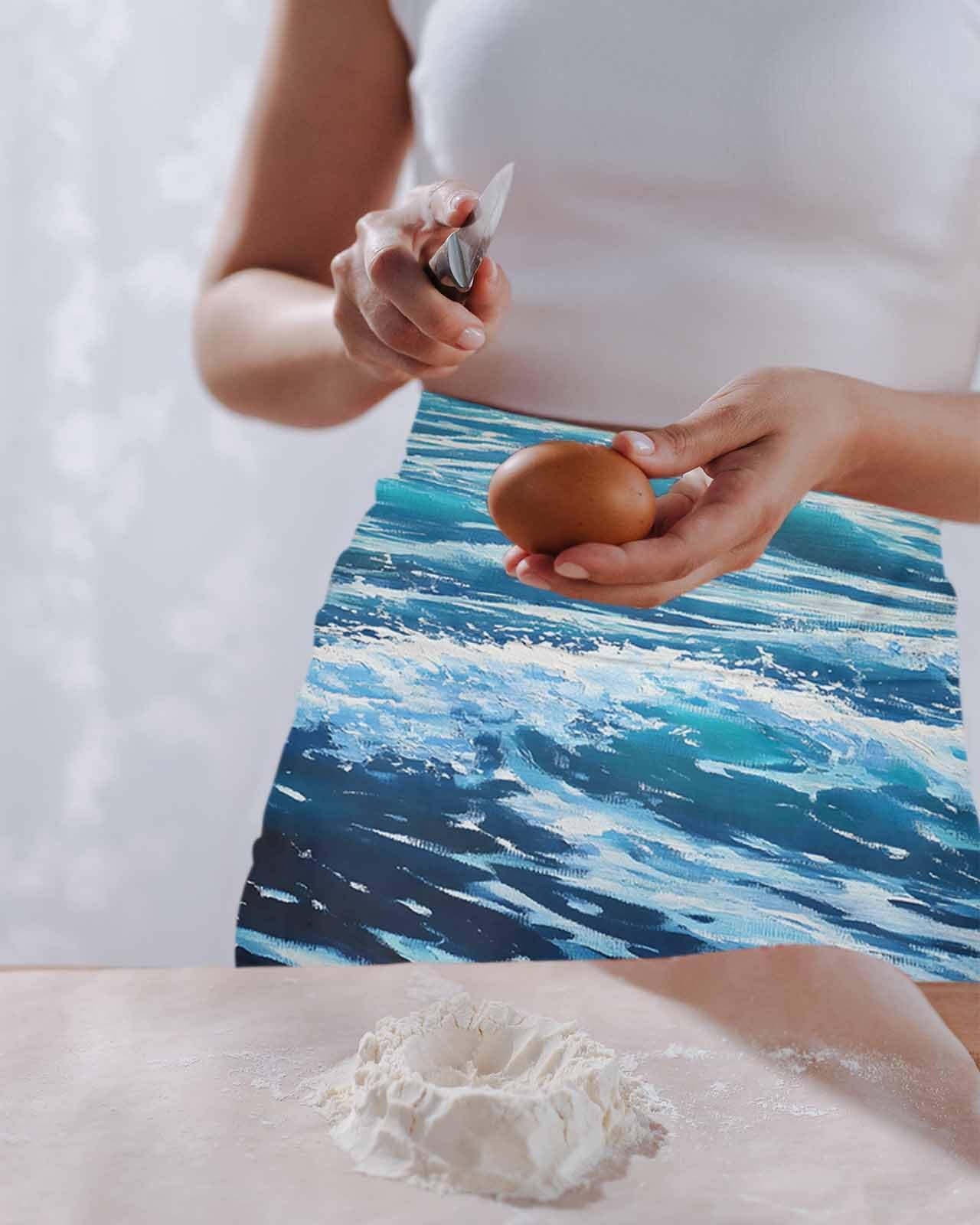 PIEPLE Blue Coastal Server Apron Waitress Aprons with 3 Pockets, Summer Beach Nautical Waves Ocean Half Waist Waiter Aprons Restaurant Chef Aprons for Women Men