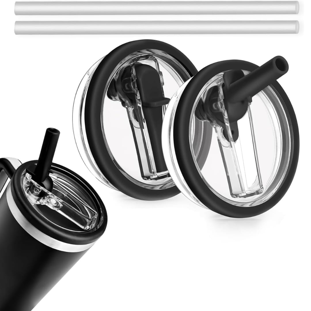 2pcs 40oz tumbler lid replacement fit for stanley cup, leak proof flip straw cap for 40oz tumblers | bpa-free plastic stanley cup accessories with straw (black)