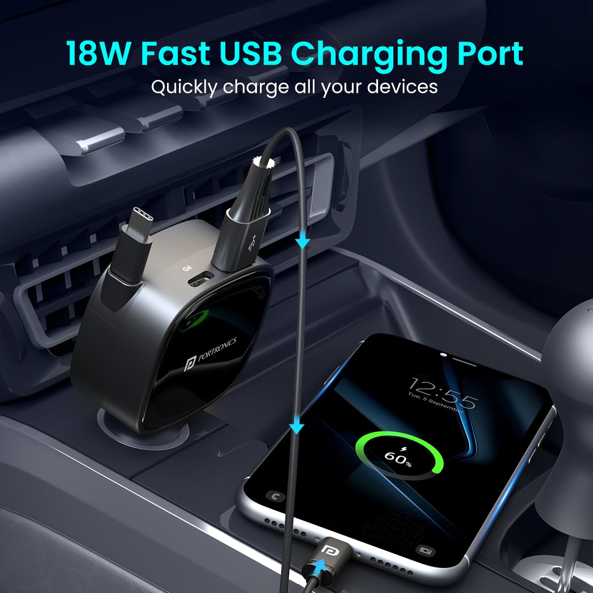 Portronics Car Power Retracto 84W 3 in 1 Car Charger, 80 cm Retractable Cable (33W Type-C PD), Dual Port (18W USB Type-A & 33W Type-C) for Laptop, Android, iPhone, Earbuds and More (Black) 3