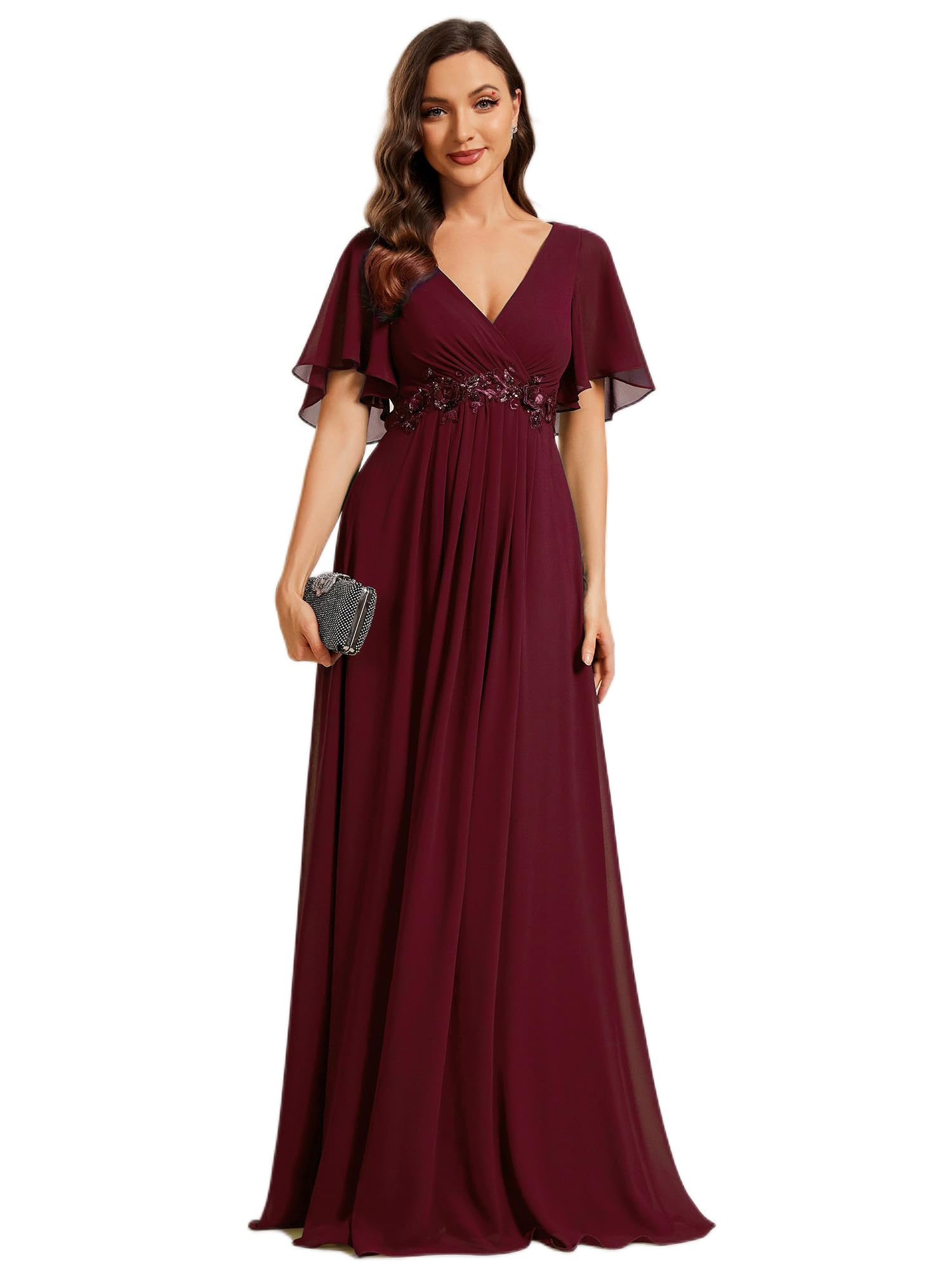 Ever-Pretty Abendkleid Elegant für Hochzeit Damen Lang Rundhalsausschnitt Abendkleider Langarm Brautjungfernkleider