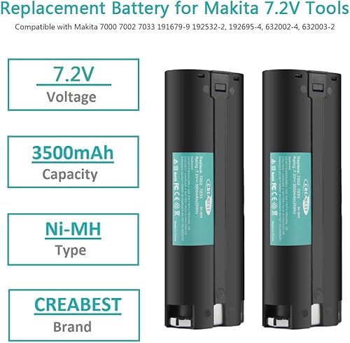 Miniatura 2 de CREABEST Paquete de 2 baterías de repuesto Ni-MH de 7.2 V 3500 mAh compatibles con Makita 7000 7002 7033 191679-9 192532-2 192695-4 632002-4
