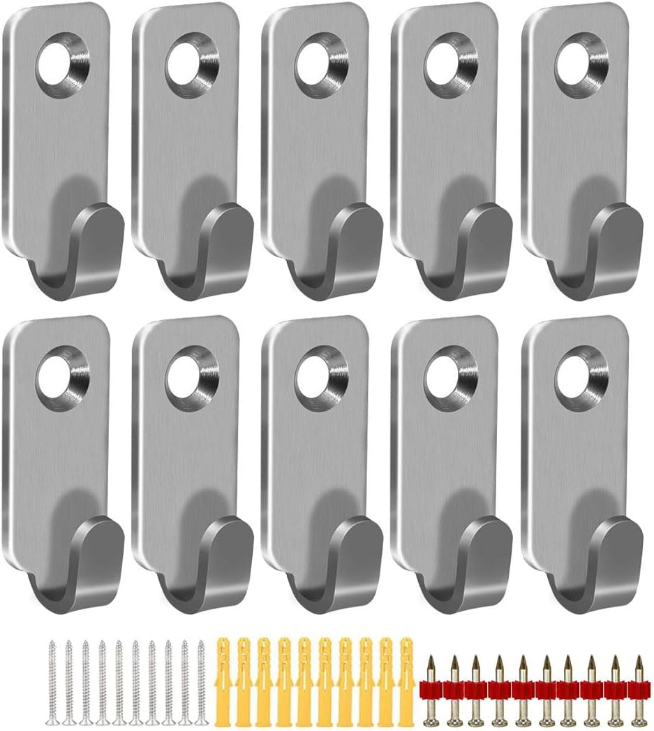 10-Pack Heavy Duty Wall Mount Hooks,304 Stainless Steel Mini J Hook,Keyhole Hanger,for Hanging Picture Frames,Mirror,Wire (Silver)