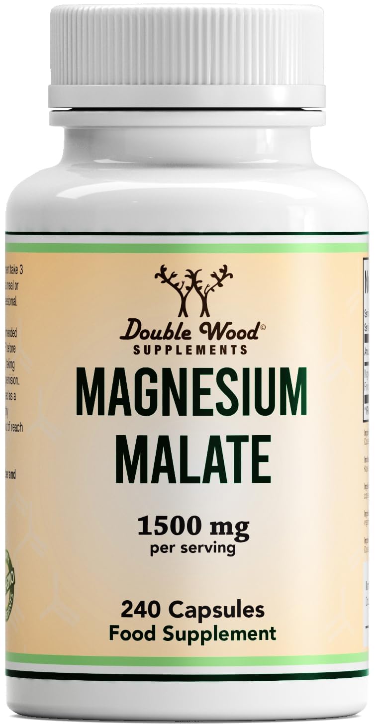 Double Wood Magnesium Malat Kapseln | 240 Hochdosiertes Magnesium Malate – 1500mg Magnesiummalat pro Portion | Gentechnik- und Glutenfrei | Hergestellt in Großbritannien