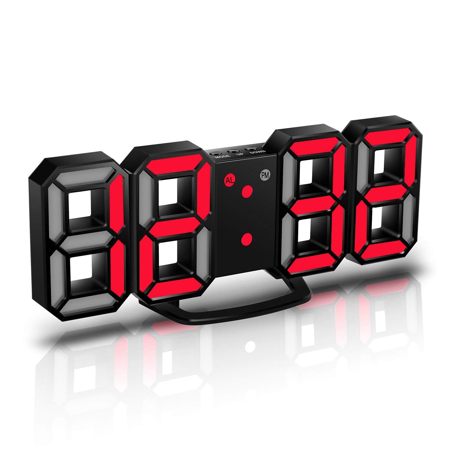 YUANYUYING LED Digital Alarm Clocks, 3D Alarm Clocks Digital Wall Clock Wall LED Number Time Clock with 3 Brightness Snooze Function (Black+Red)