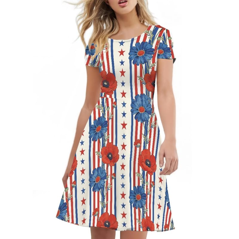 Image of Irisjudy T Shirt Dress for Women Short Sleeve Girls Short Sleeve Dress Plus Size, O Neck Knee Length Midi Dress for Ladies