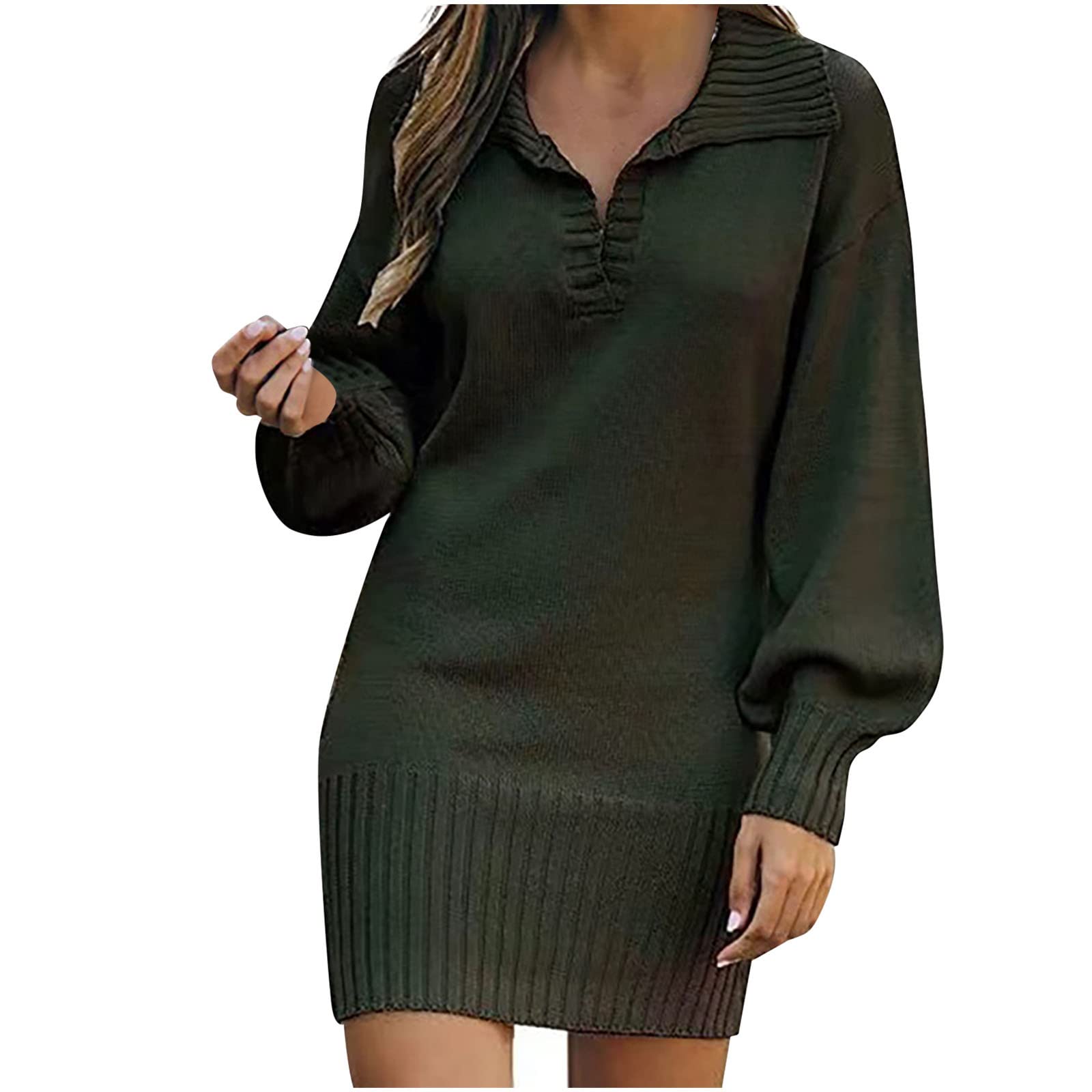 AMhomelyKnitted Dresses for Women UK Winter Warm Sweater Jumper Dresses Fashion Women Casual Solid V-Neck Long Sleeve Loose Dress Autumn Blouse Pullover Tops Sale Clearance UK Size