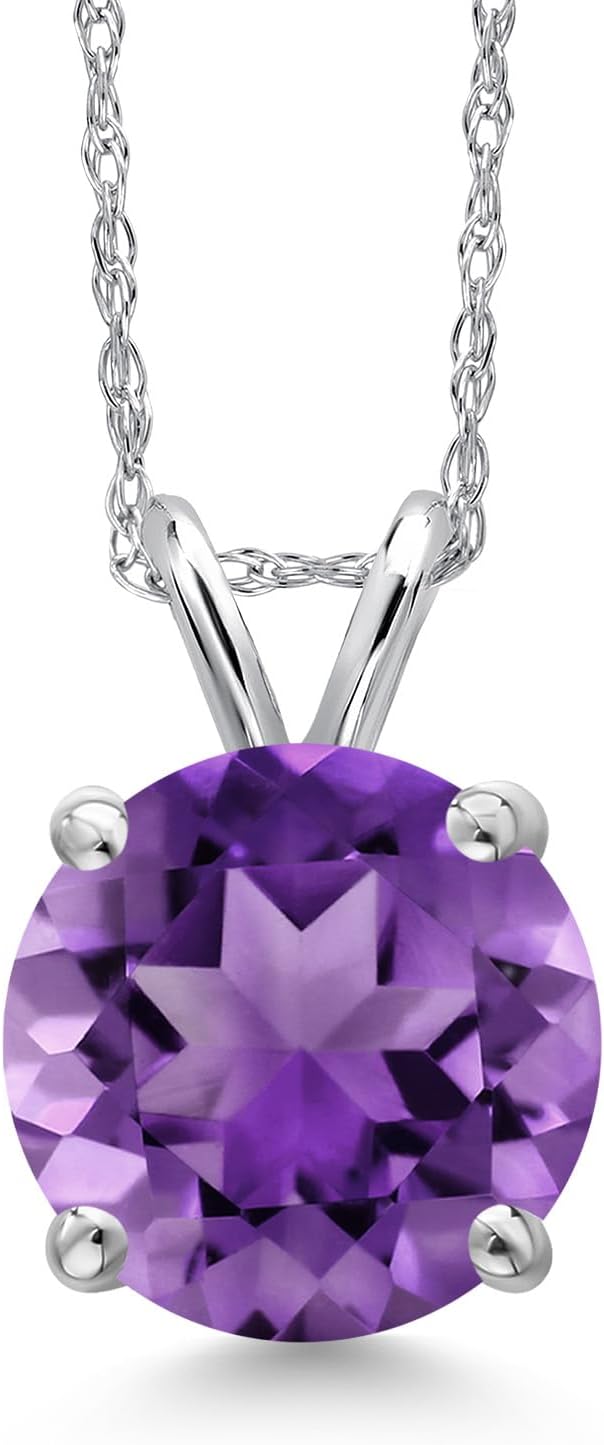 Gem Stone King 14K White Gold Purple Amethyst Pendant Necklace for Women | 2.10 Cttw | Gemstone February Birthstone | Round 9MM | With 18 Inch Chain