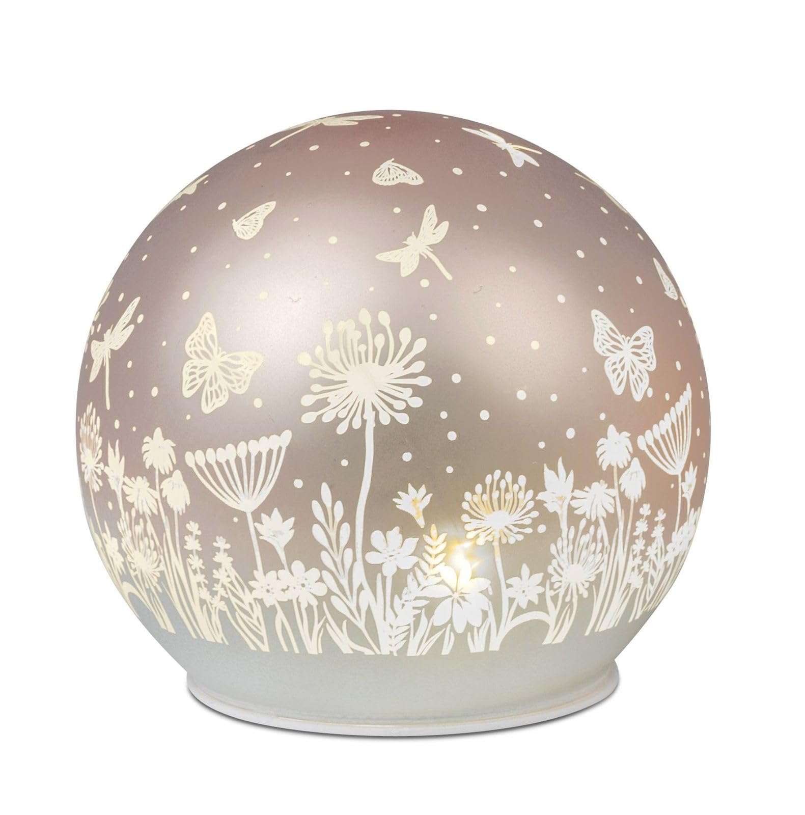 formano LED Deko Kugel Glas Peach Rosa 12cm Matte Glasleuchte mit Blumen-Dekor- Timer 6h/18h, batteriebetrieben (3× AA), stimmungsvolles Ambientelicht für Tisch, Fensterbank & Regal