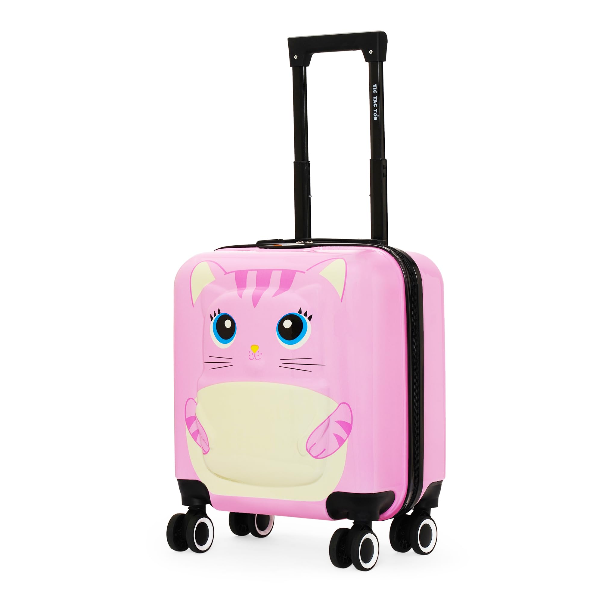 Nasher MilesCabin Tic Tac Toe Polycarbonate Hard-Sided 8 Wheels Double Spinner Luggage for Kids Pink 44cm|17inch Kids Trolley Bag |Zoo Cat