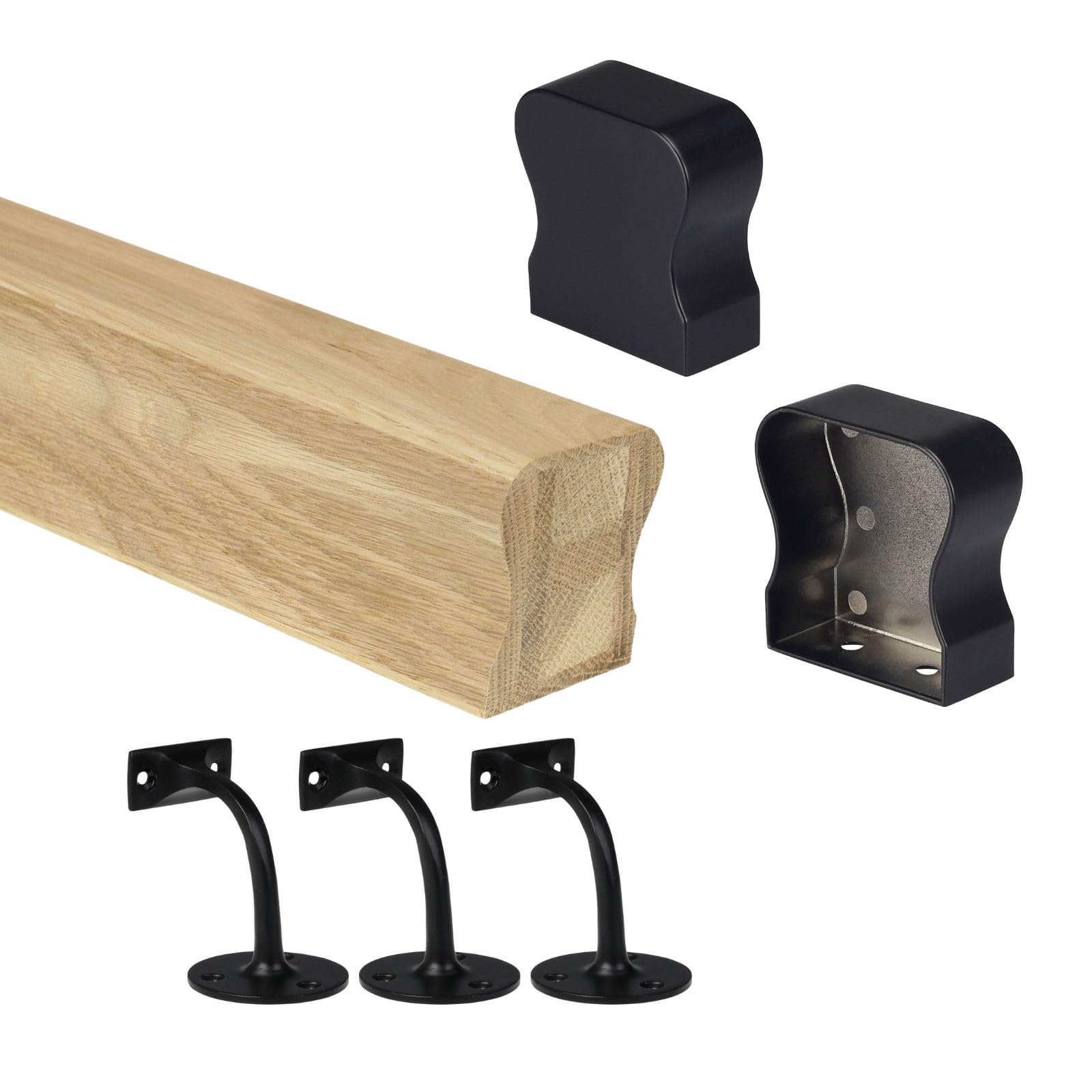 Oak HR Wall Mounted Handrail Kit Oak Handrail with End Caps & Wall Brackets - Chrome, Black, Nickel - 1800mm 2400mm 3600mm 4200mm Lengths (Black, 2400mm)