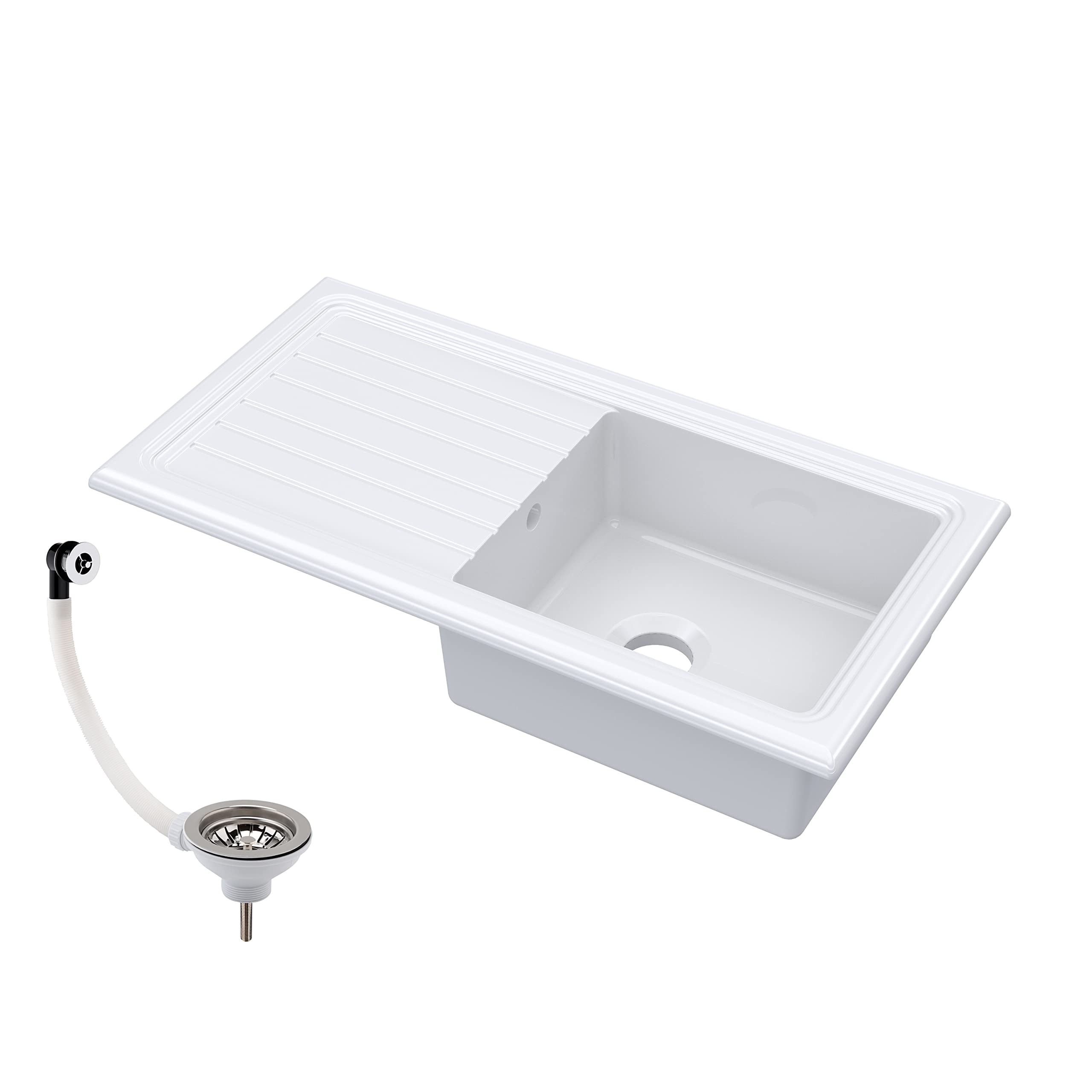 1 Bowl Fireclay Ceramic Inset Kitchen Sink & Drainer With Compatible Waste - 1010Mm 5056462698960