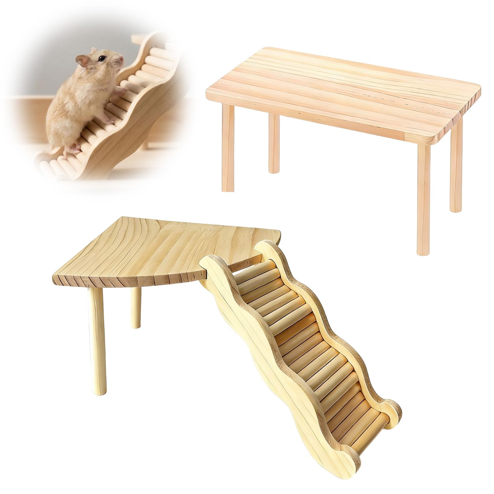 3Pcs Natural Wood Hamster Platform Semi-Circle Wooden Hamster Cage, Small Animal Climbing Resting Stand Hamster Cage Accessories for Dwarf Hamster, Gerbil Mice Climbing Play Resting