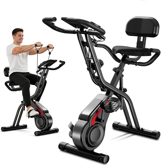 Cyclette Pieghevole 5 in 1 per Casa – Bici Statica con 8 Livelli di Resistenza Magnetica, Display LCD, Bande Elastiche, Sedile con Schienale, 136 kg