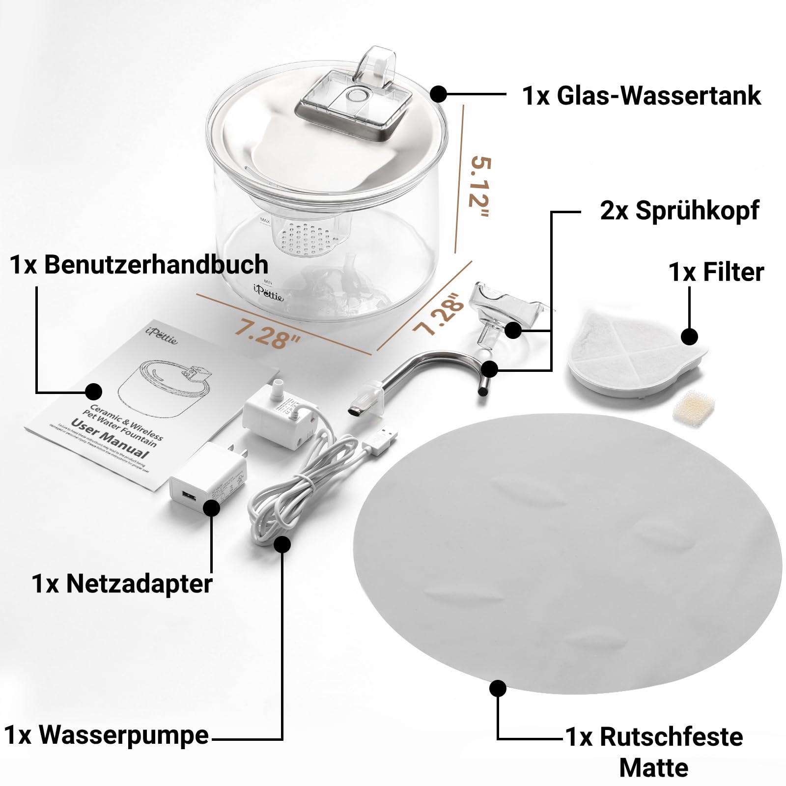 iPettie G01 Glas Katzenbrunnen, Trinkbrunnen für Katzen und Hunde 2L/68oz mit 2 Sprühaufsätzen, 3-stufiger Filtration, Automatischer Wasserspender aus Glas & Edelstahl