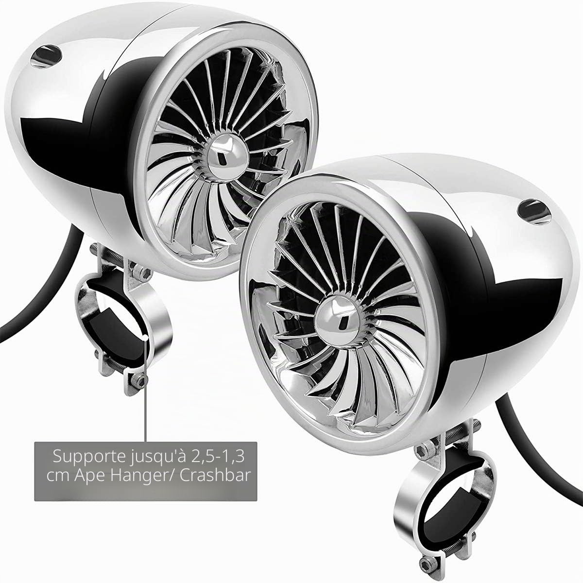 1000W 4 canaux amplificateur de Moto 4 "Gamme complète étanche Bluetooth Moto Haut-parleurs stéréo système Audio Radio FM pour 1-1,5" Guidon ATV UTV (Chrome, Ventilateur)