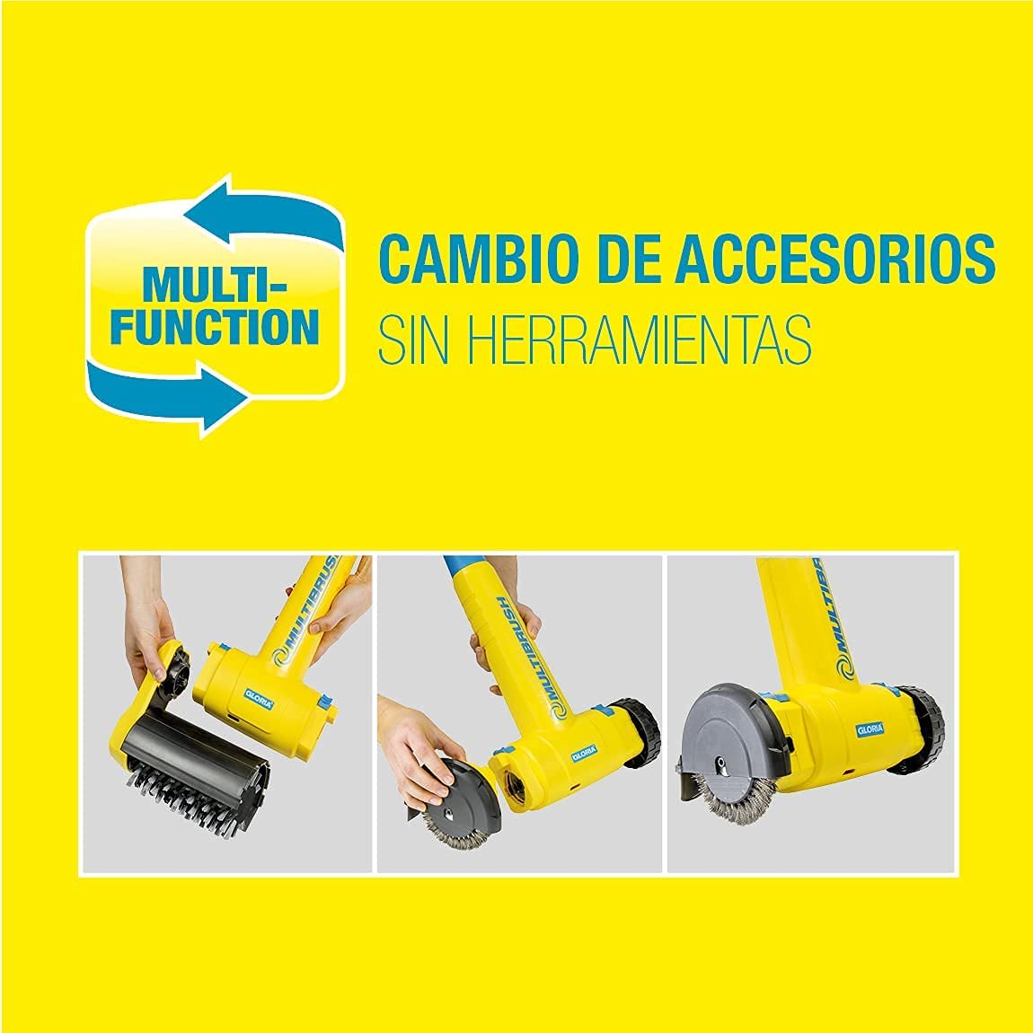 Gloria MultiBrush speedcontrol - Cepillo eléctrico multifuncional para jardín: limpieza de juntas, madera, piedra, eliminación de musgo y hierba, recortadora, escarificadora, incluye 2 accesorios