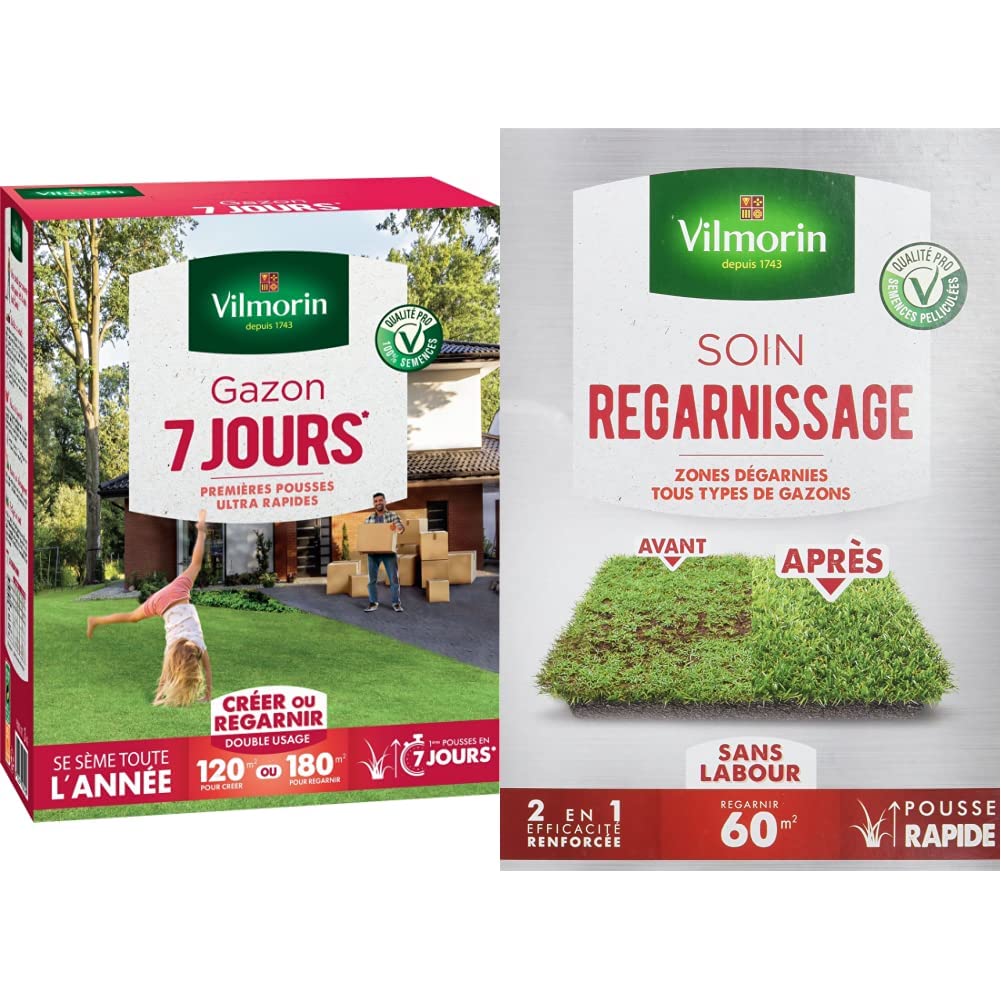 Vilmorin 4460715 Gazon 7 Jours, Vert, 3 kg & Soin Regarnissage Universel 2 en 1 - Semences de gazon + Fortifiant naturel - Rénovation facile des gazons abîmés - Enracinement profond - 1 Kg