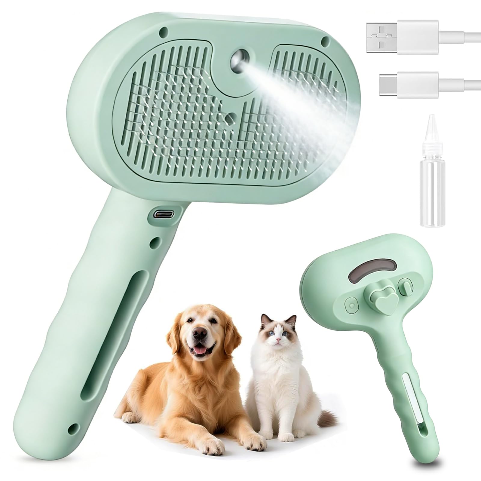 Cat Steam Brush, Multi-Purpose Pet Spray brush for Cats and Dogs, Large Capacity Tank, for Shedding, Massaging Grooming, for All Long-haired and Short-haired Pets, Light Green
