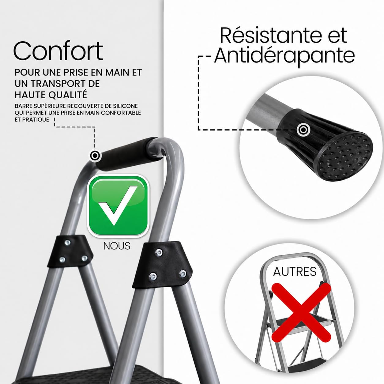 UZIRO Escabeau 4 Marches Pliable, Acier et Aluminium, Poignée Rembourrée