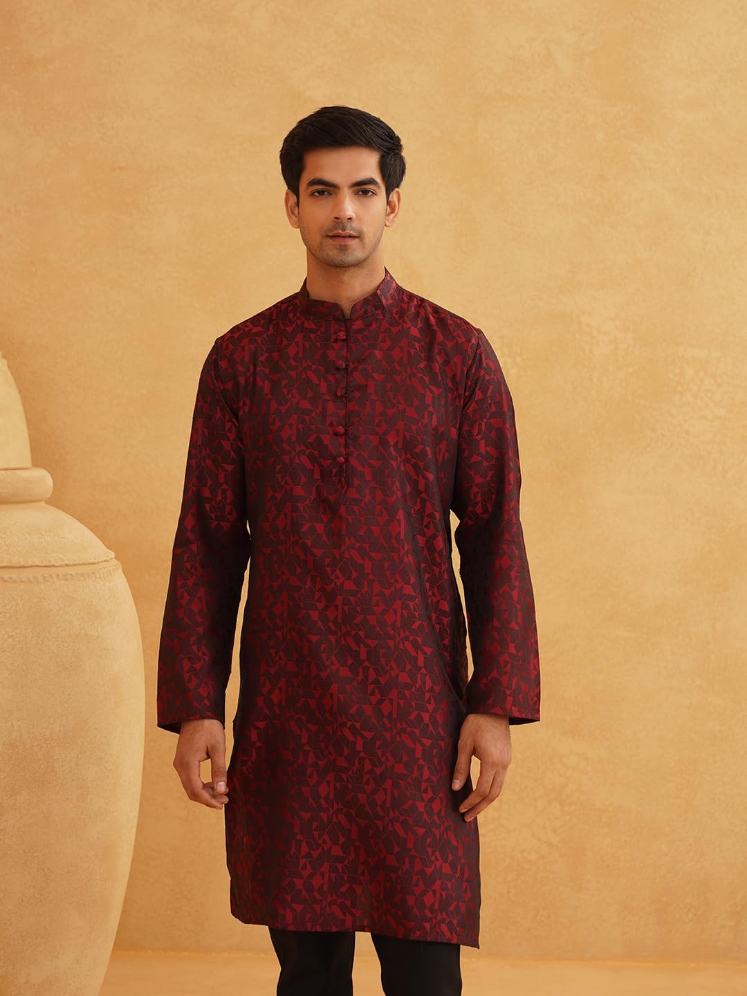 Size large 44 Color red Sojanya (Since 1958 Men'S Jackquard Silk Only Long Kurta