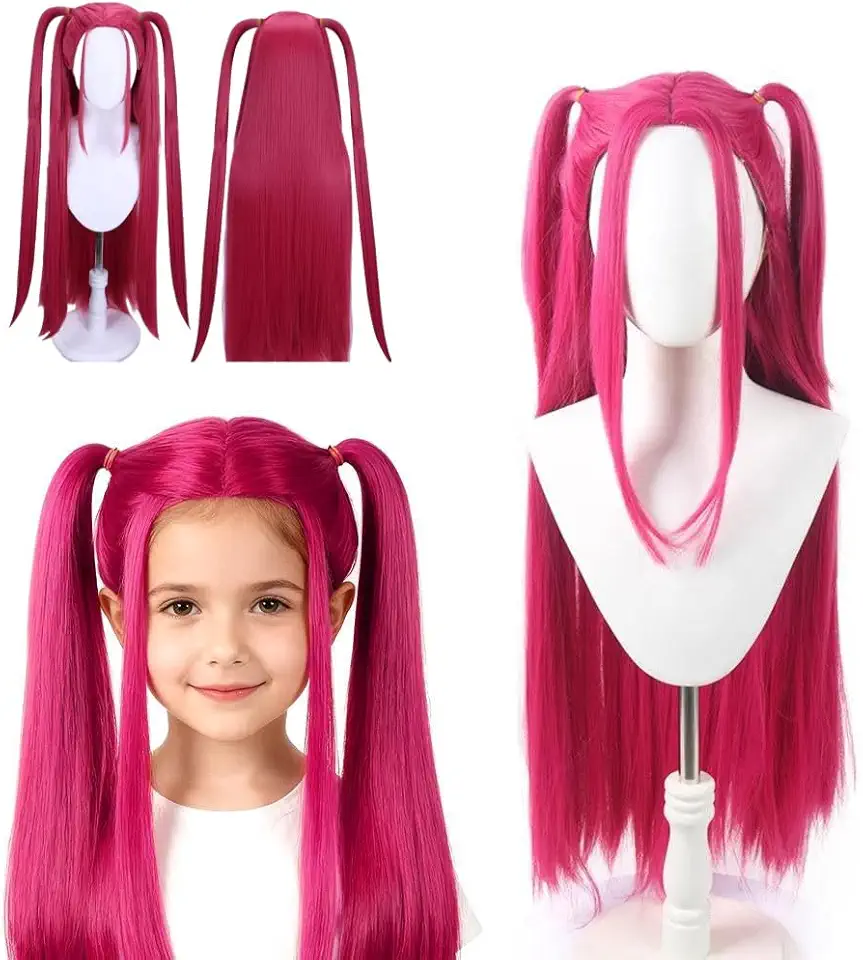 Cosplay Wig, Long Rose Red Wig for Women Girls, Hot Pink Straight Cosplay Wig with Ponytails for Halloween Anime Costume Party