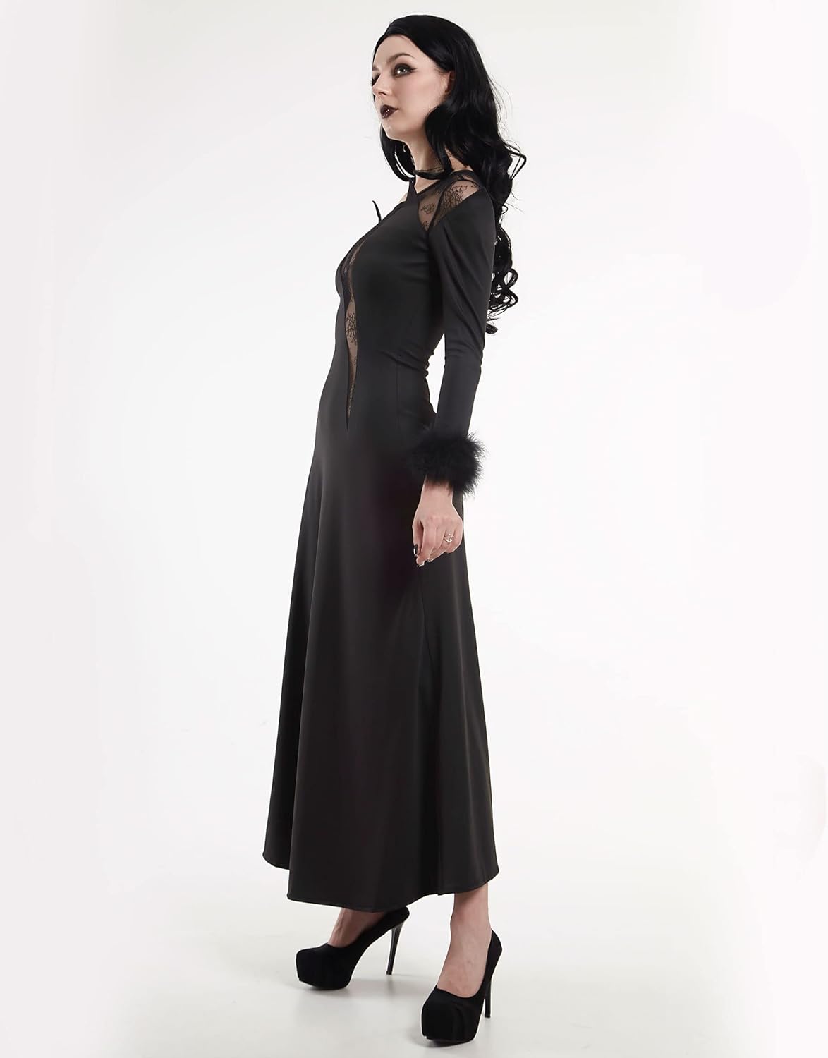 MEOWCOS Gothic Halloween Maxi Dress Vintage Queen Vampire Witch Costumes Outfit Sheer Lace Crow Style Dress - Image 3