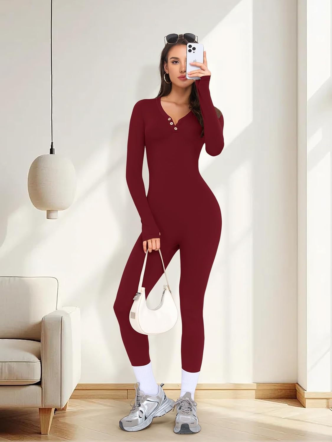 VUTRU Long Sleeve Jumpsuit for Women One Piece Fleece Romper Henley Collar Workout Bodycon Full Body Yoga Jumpsuits - Image 6