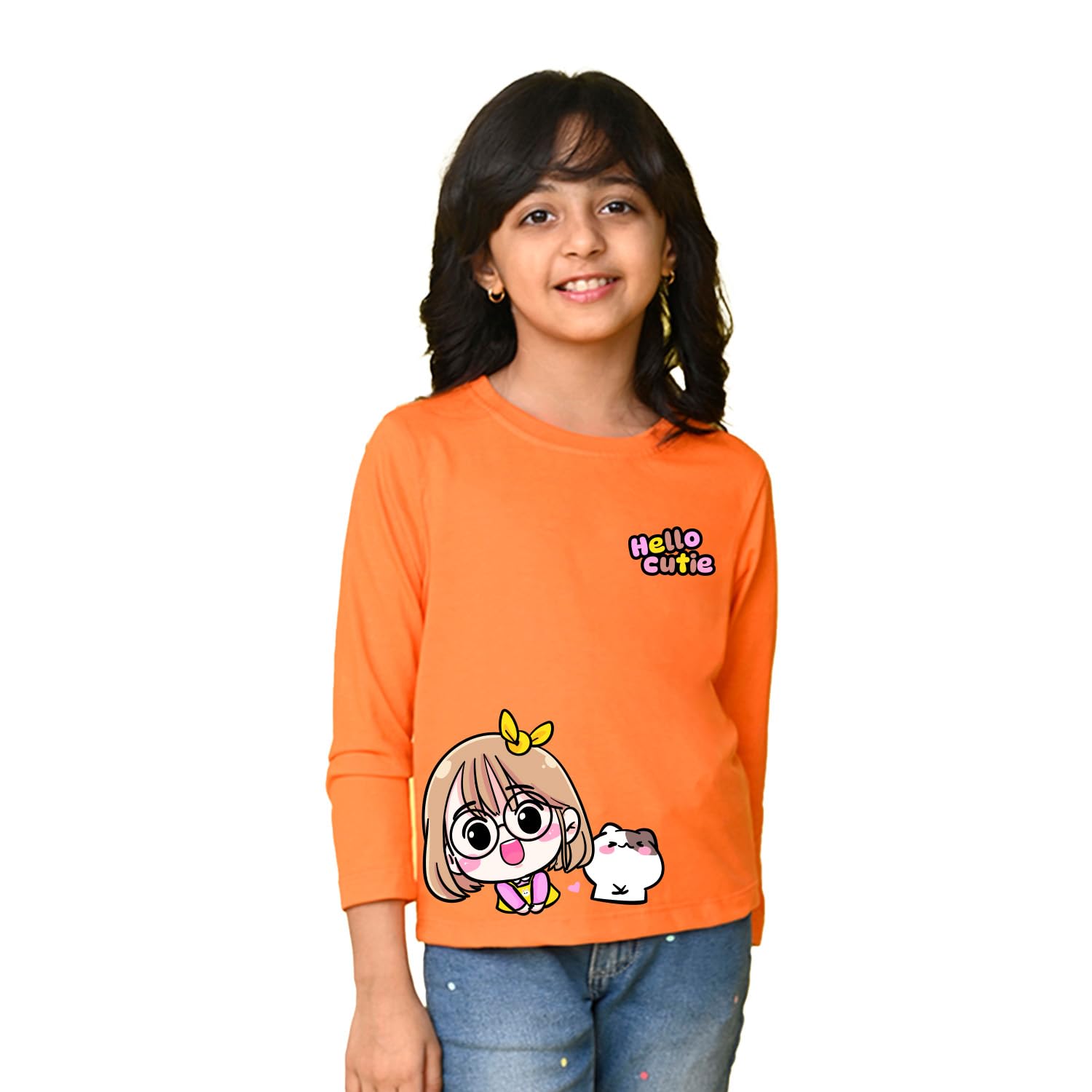 Nusyl Hello Cutie - T-shirt in cotone a maniche lunghe con stampa con testo per ragazze, magliette a girocollo a costine, maglietta casual, colori di stampa a lunga durata |