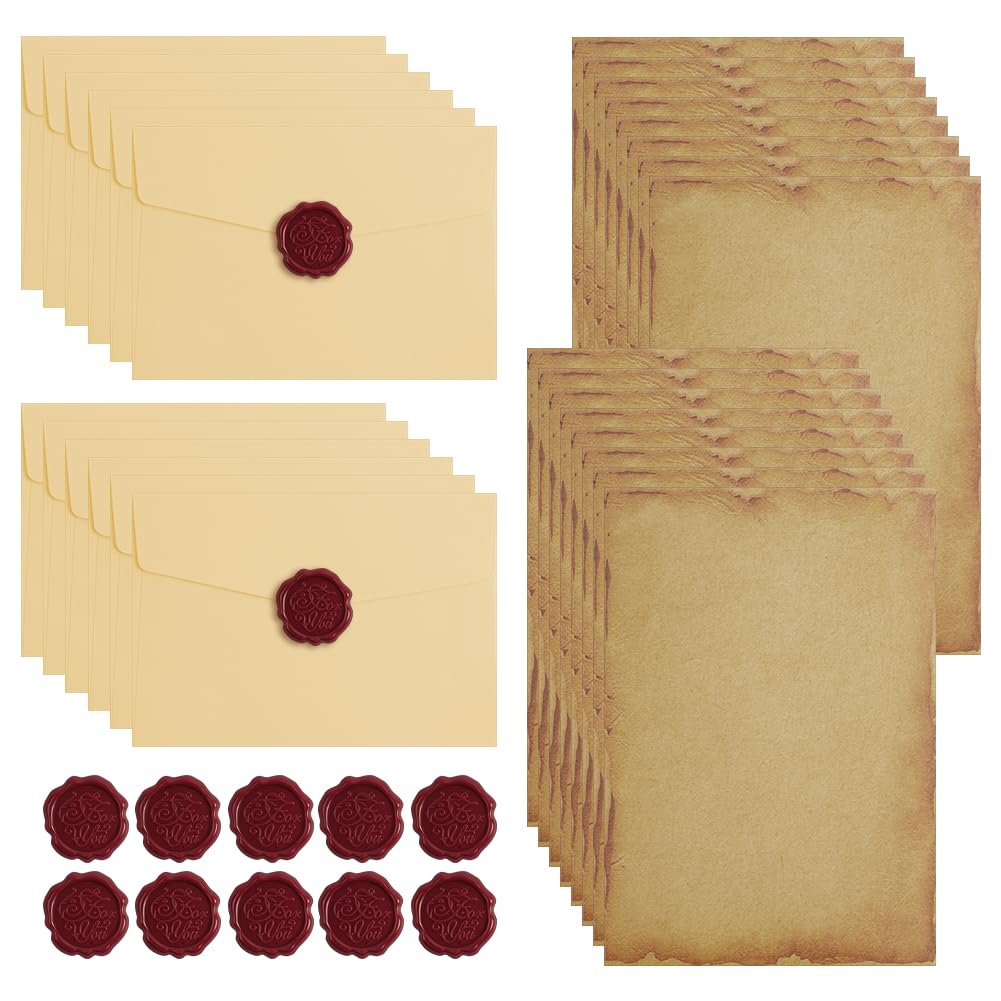 AOOSU 40 Pcs Vintage Writing Paper and Envelopes, Letter Writing Set with 12 Vintage Envelopes,16 B6 Letter Paper, 12 Wax Seal Stickers for Birthday Wedding Invitation Greeting Cards