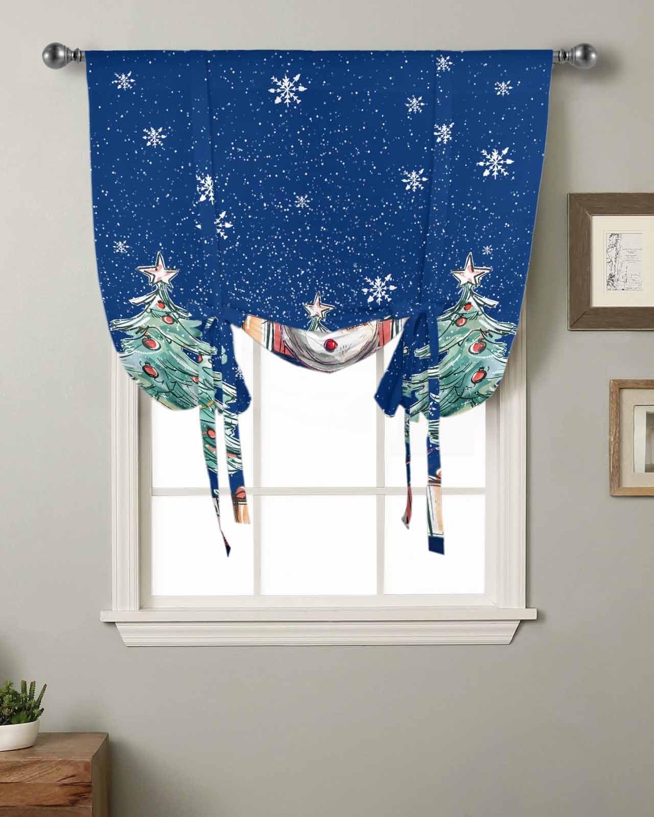 Christmas Snowman Tie Up Curtain for Window Blackout Balloon Valance Curtain for Bathroom Winter Xmas Tree Balls Snowflake Navy Blue Adjustable Window Shade for Kitchen Living Room Bedroom 52