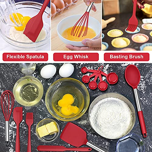 Silicone Kitchen Utensils Set, Herogo 25 Pcs Cooking Utensil with Holder, Heat Resistant Kitchen Tools with Stainless Steel Handle for Non-Stick Cookware, Turner Spatula Spoon Tong Brush Whisk, Red - Image 4