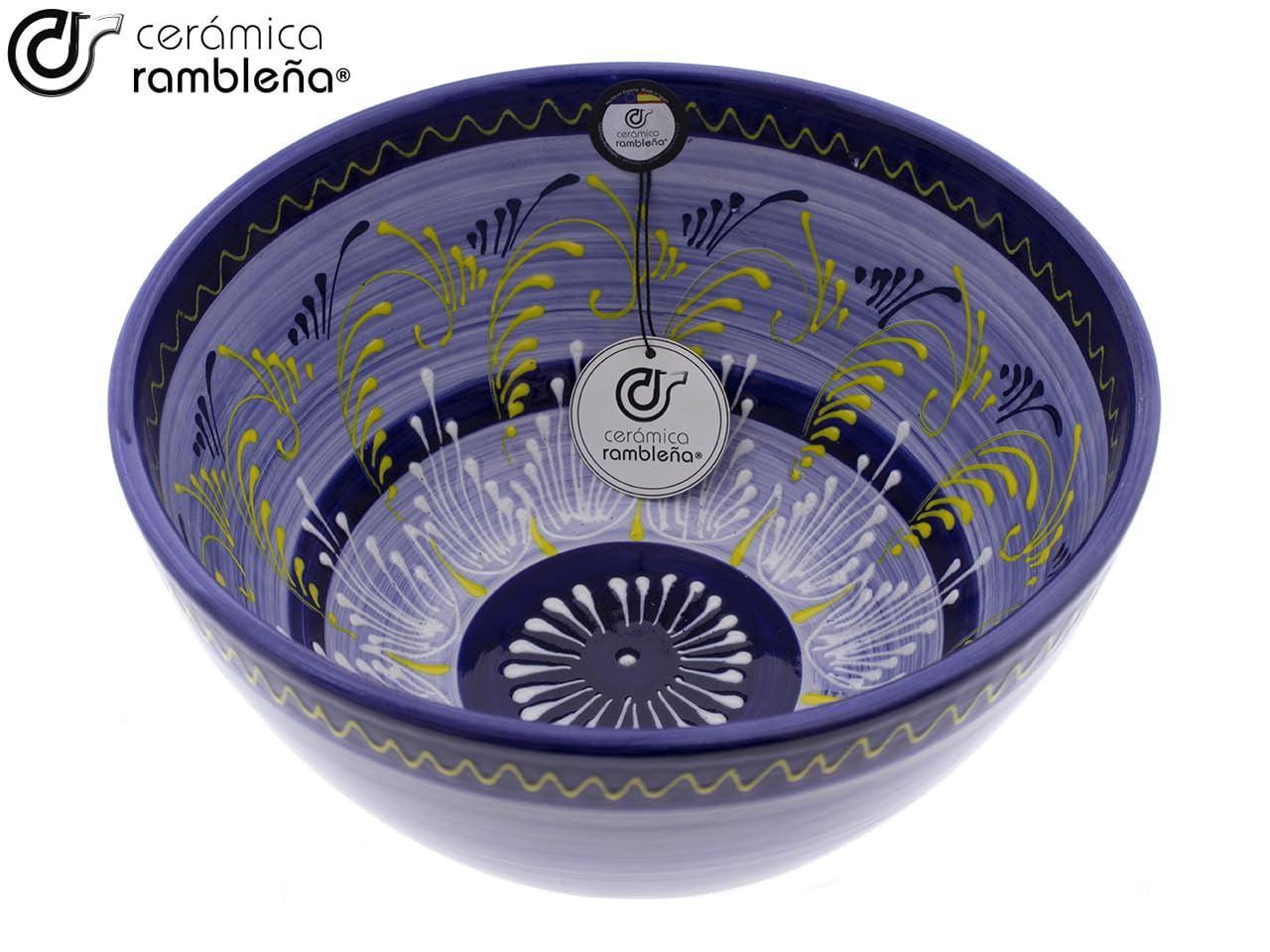 CERAMIKA RAMBLEŃSKA | Ceramiczna miska do sałatek | Oryginalne salaterki | Niebiesko zdobione salaterki kuchenne - model 30 | 100% dekoracja ręczna | 26x26x13,5 cm