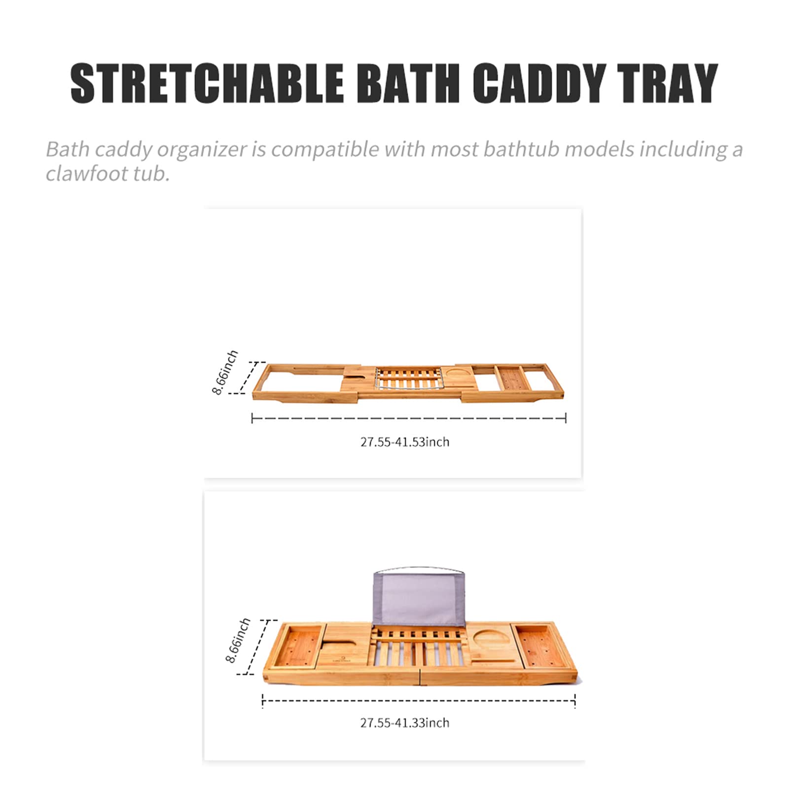 Bandeja Caddy para bañera de bambú de Primera Calidad, Bandeja de Madera Extensible con Soporte para Copas de Vino, Soporte para Lectura y Ranura para teléfono para bañeras, Caja Individual