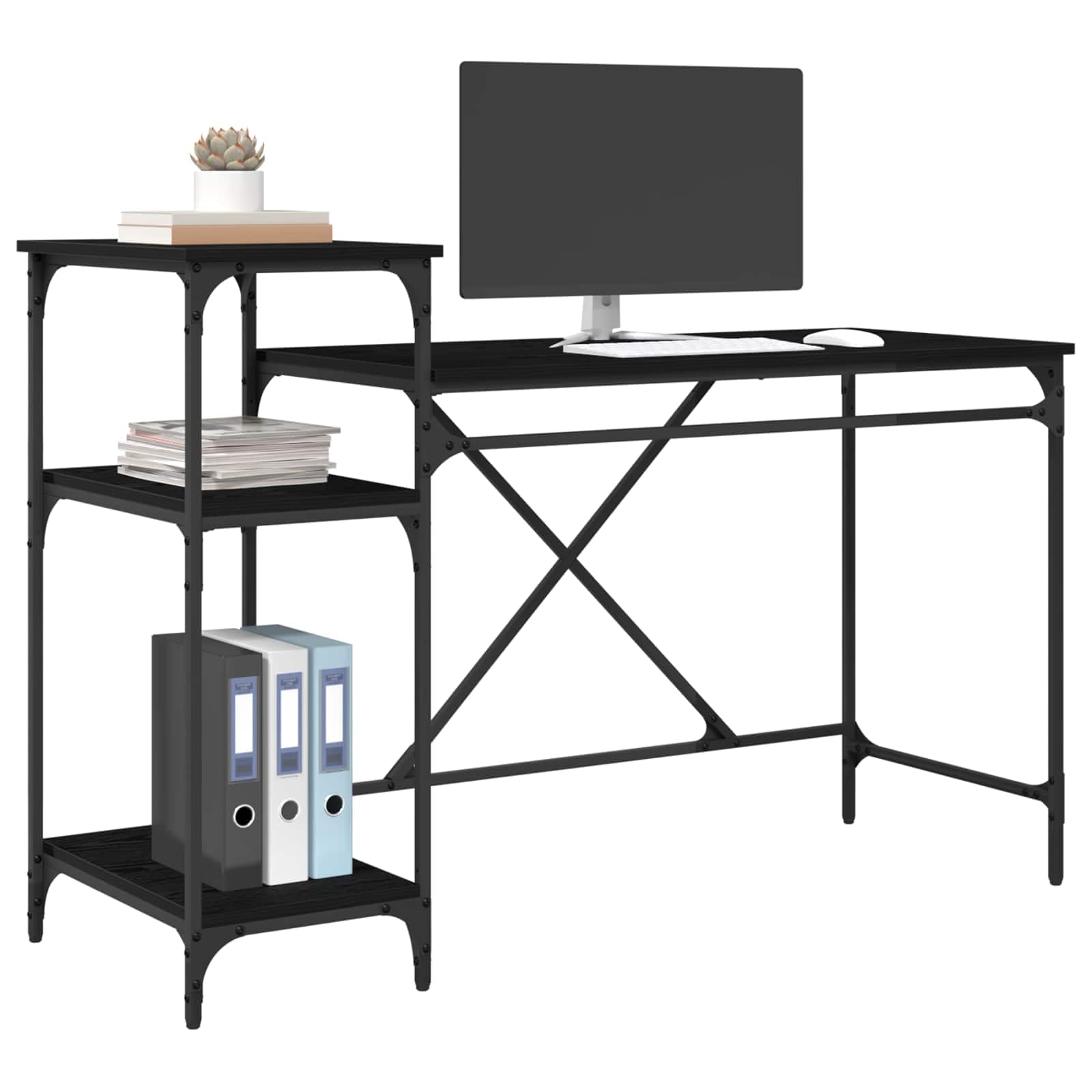 Biurko o wyglądzie czarnego dębu 135 x 50 x 90 cm z 3 półkami do biura, biura domowego i gabinetu, wytrzymały stół roboczy do komputerów i celów edukacyjnych