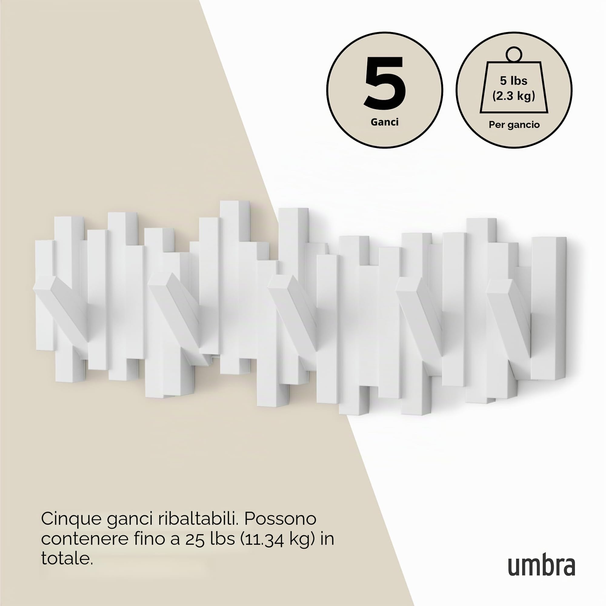 Umbra Sticks Attaccapanni da parete con 5 ganci ribaltabili, Abs, Bianco