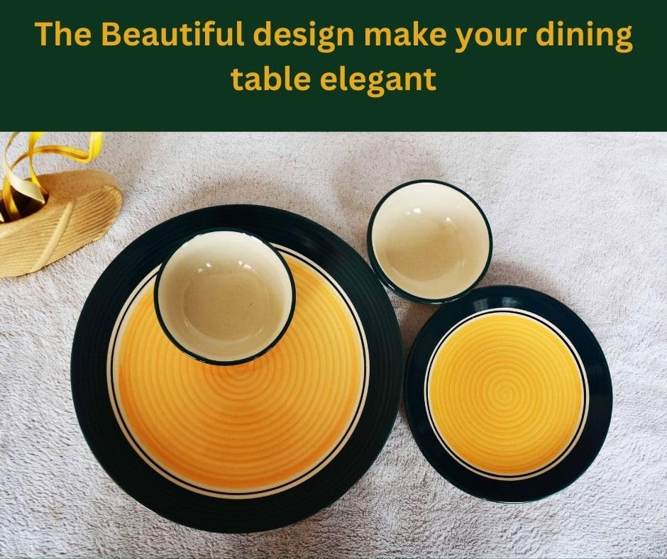 Image of Ceramic Dinner Set of 34 Pieces- Premium Marigold Collection | Chipproof Handpainted Stoneware Ceramic Set l | Lead and Cadmium Free,Food Grade Quality (Marigold Yellow Green, 34)
