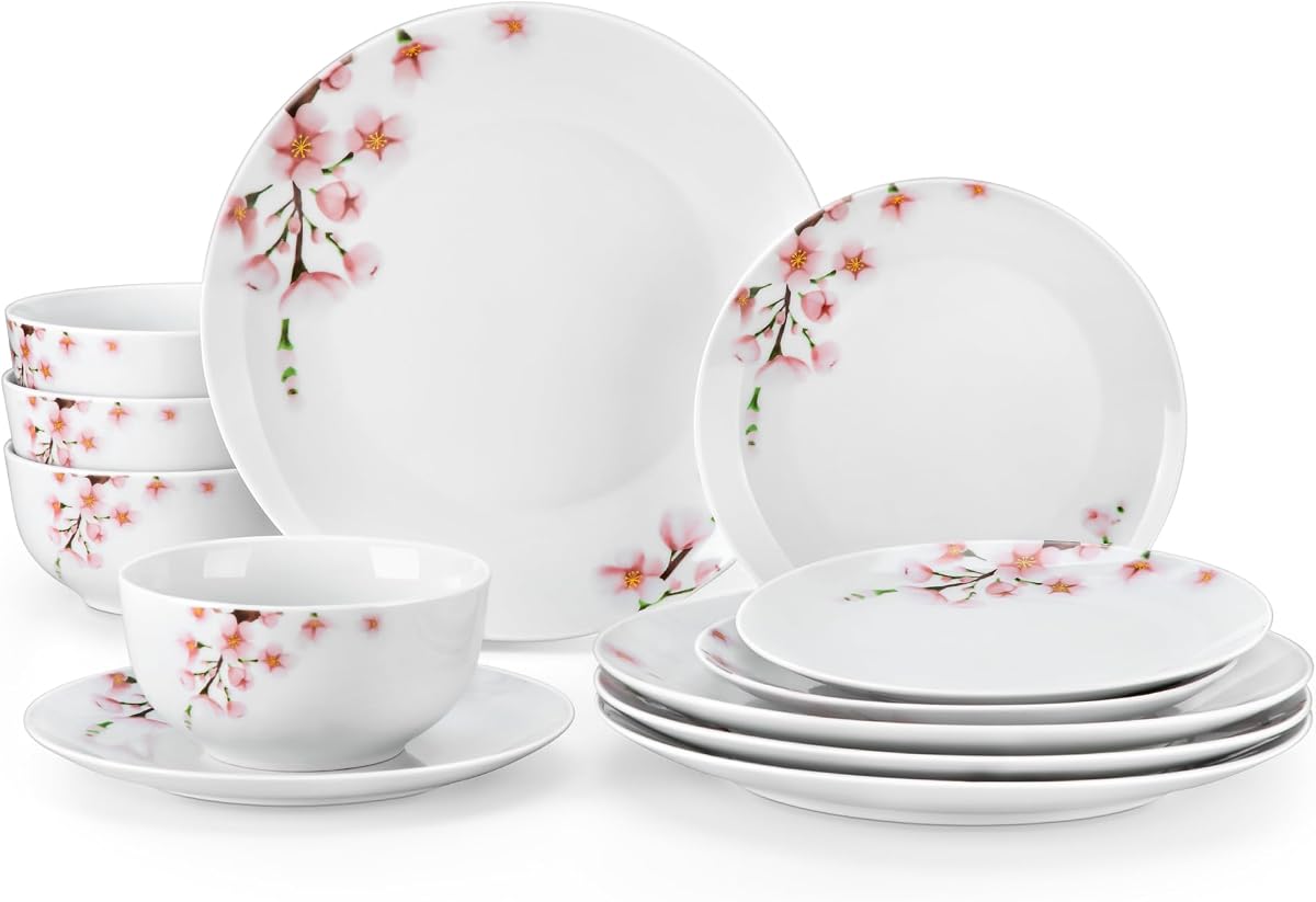 VEWEET Porcelain Dinnerware Sets for 4, 12 Piece Pink Plates Bowls, ANNIE | Ceramic, Stackable, Space-Saving Dishes Set, Microwave & Dishwasher Safe, Classic Style for Casual and Formal Dining