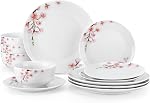 VEWEET Porcelain Dinnerware Sets for 4, 12 Pieces Plates and Bowls Set with Pink Floral, Dishes Set Dining Ware for Family, Microwave and Dishwasher Safe, Series Annie