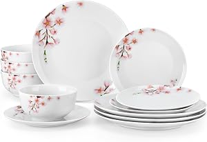 VEWEET Porcelain Dinnerware Sets for 4, 12 Pieces Plates and Bowls Set with Pink Floral, Dishes Set Dining Ware for Family, Microwave and Dishwasher Safe, Series Annie
