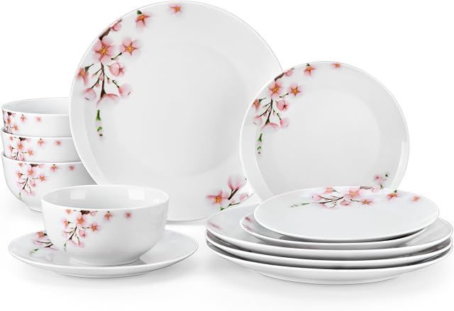 VEWEET Porcelain Dinnerware Sets for 4, 12 Pieces Plates and Bowls Set with Pink Floral, Dishes Set Dining Ware for Family, Microwave and Dishwasher Safe, Series Annie