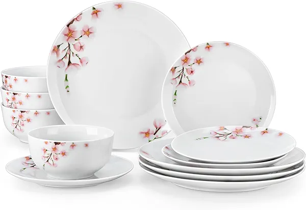 VEWEET Porcelain Dinnerware Sets for 4, 12 Pieces Plates and Bowls Set with Pink Floral, Kitchen Dishes Set Dining Ware for Family, Microwave and Dishwasher Safe, Series ANNIE