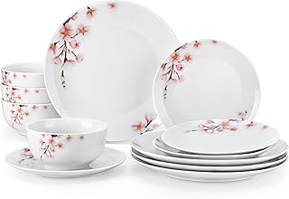 12 Pink Kitchen Ideas for Soft Playful Charming Style 41 VEWEET Porcelain Dinnerware Sets for 4, 12 Pieces Plates and Bowls Set w...