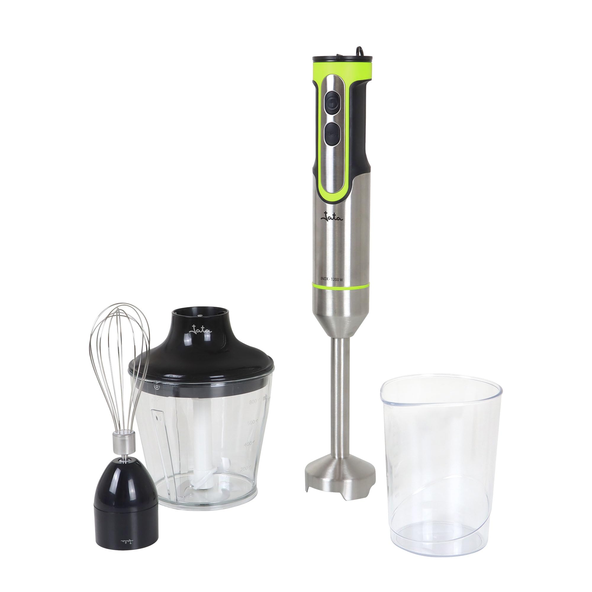 JATA JEBT1789 - Batidora de Mano 1200 W. Velocidad Ajustable. Función TURBO con 17.000 RPM. 4 Cuchillas Acero Inoxidable. Incluye Accesorios: Picadora, Batidor Varillas y Vaso de 500 ml