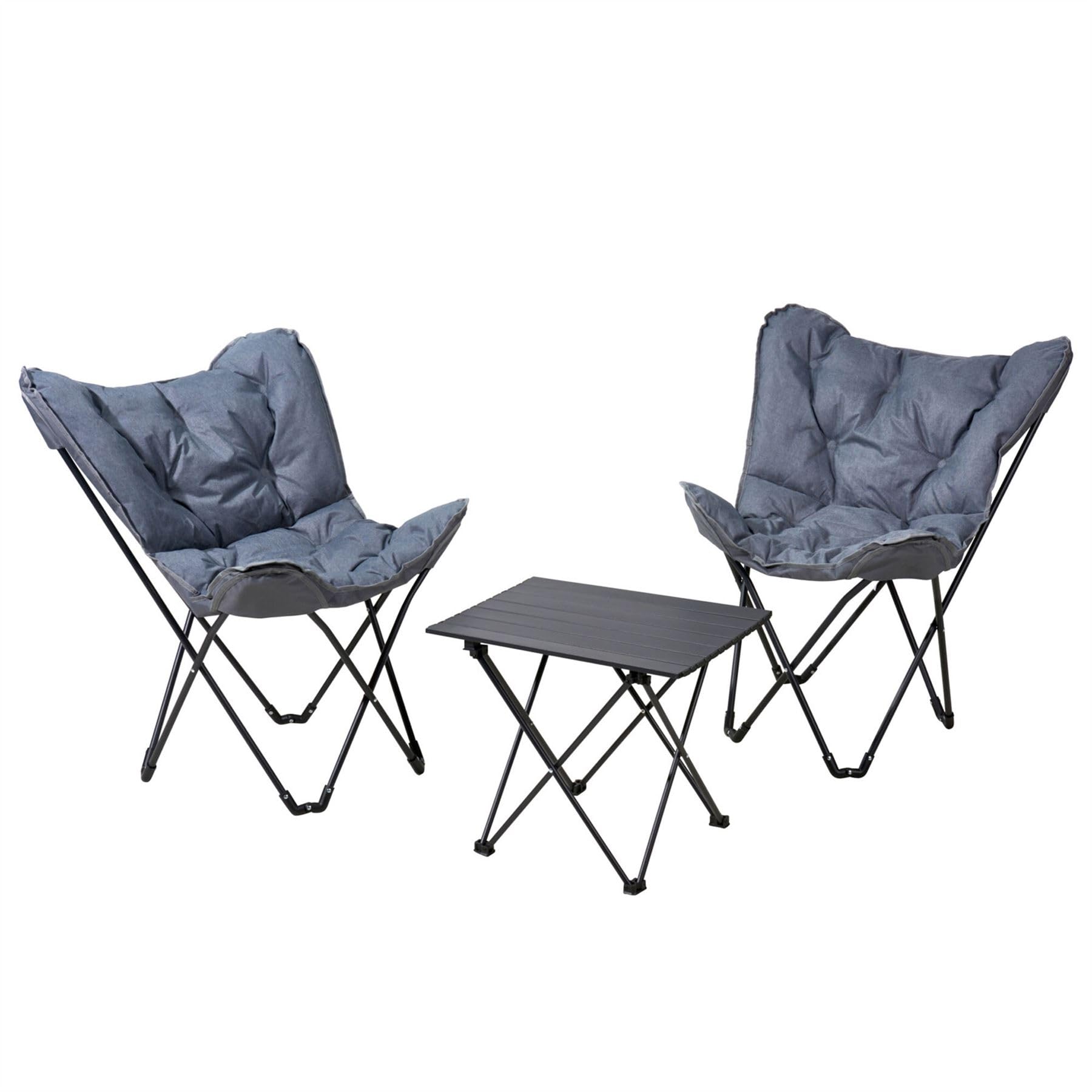 Carousel Home Grey Padded Butterfly Folding Camping Chairs and Small Folding Table Set, Portable Outdoor Furniture for Camping, Garden, Festivals