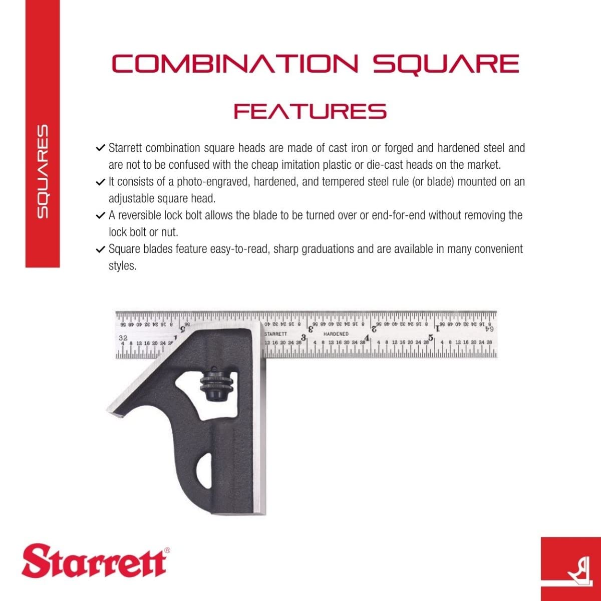 Starrett 10H-6-4R Plaza de combinación de estudiantes de cabeza cuadrada de hierro fundido, graduación 4R, tamaño de 6 pulgadas