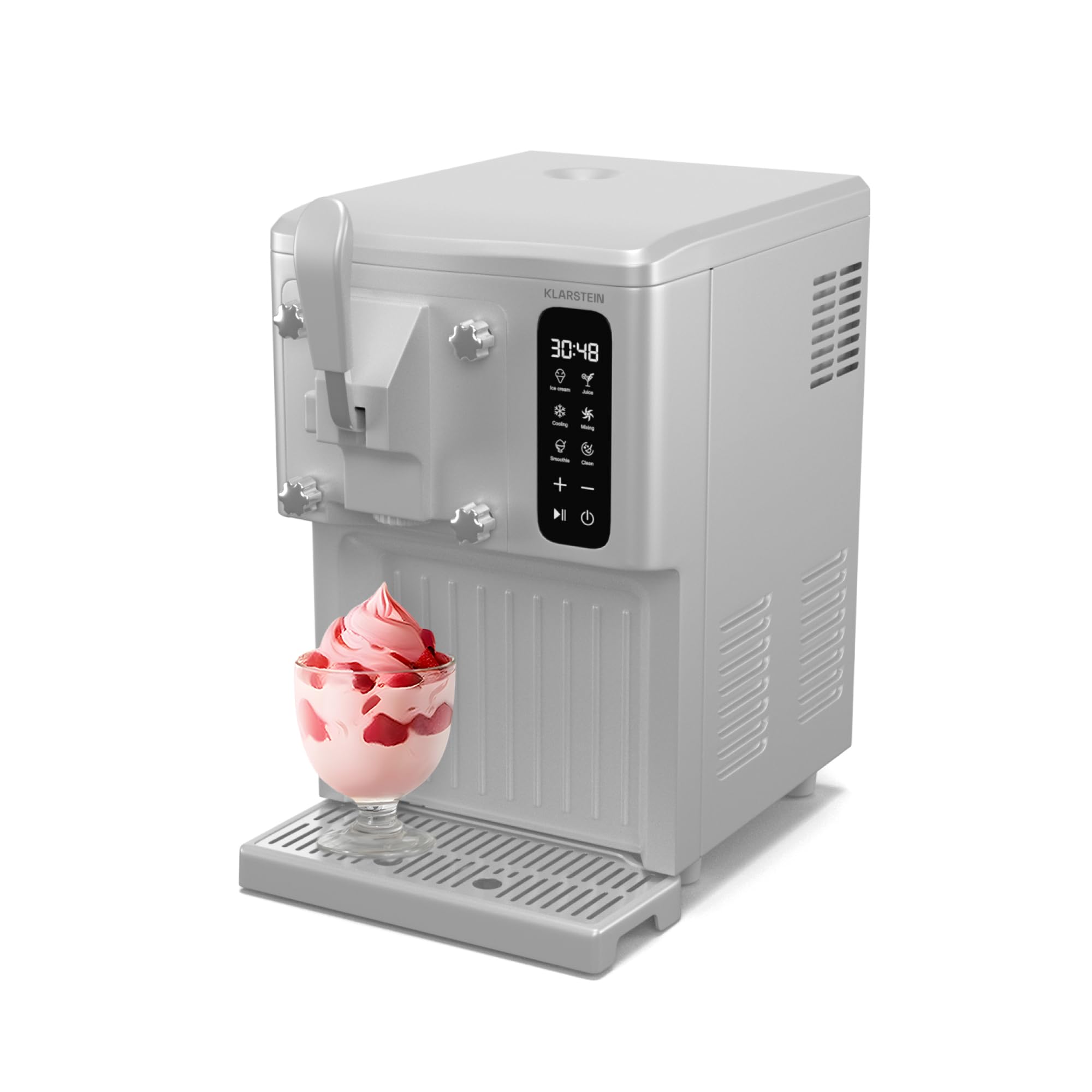 Klarstein SweetSwirl Heladera - Máquina de Helados 3 en 1 para Helados, Batidos & Smoothies, Dispensador, Depósito 1.5L, Pantalla Táctil, Modo Frío, Limpieza Automática, Blanco