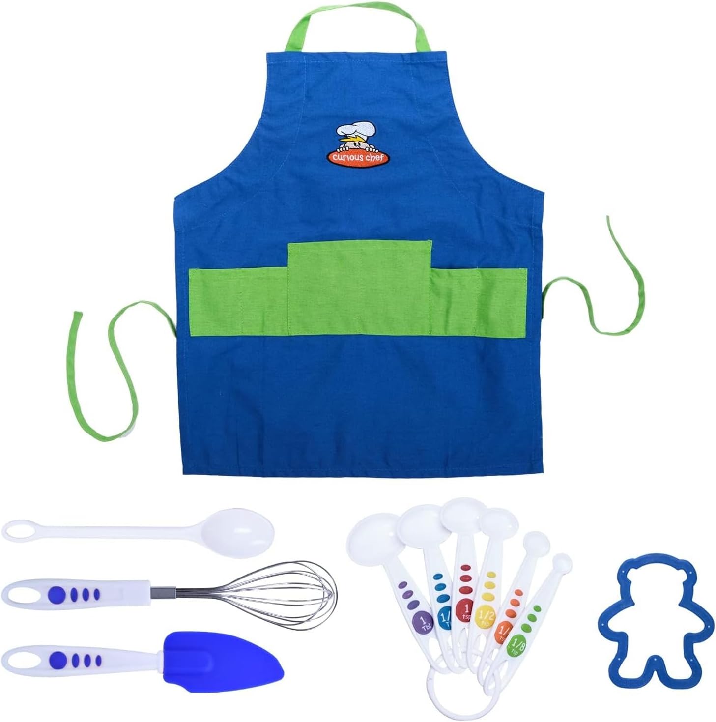 Curious Chef 11 Pieces Kids Cooking Utensils Kit, Includes Real Baking Tools and Apron, Dishwasher Safe and Made with BPA-Free Plastic, Blue and Green