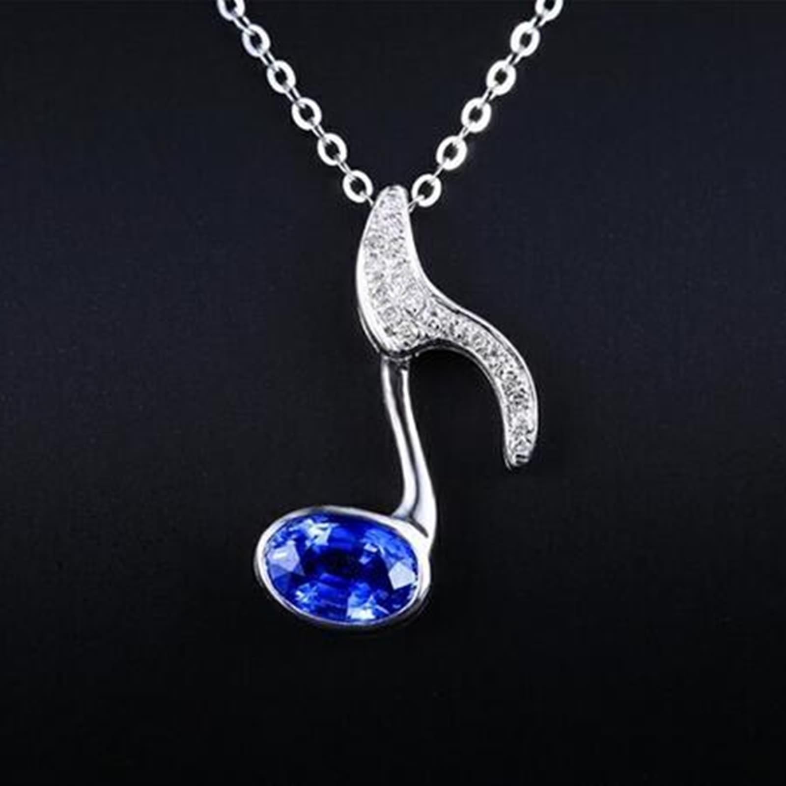 Naszyjnik damski z białego złota 18 K 750, 0,75 ct, szafirowy łańcuszek, niebieski, notacja muzyczna, łańcuszek damski, modna biżuteria 750 białe złoto z moissanit, długość 46-49 cm, 18