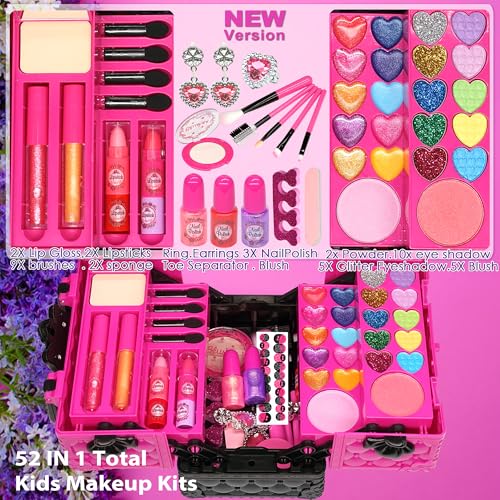 Kids Makeup Kit for Girl - 52 PCS Safe and Washable Makeup for Kids, Real Girls Makeup Kit, Toddler Makeup Kit with Cosmetic Case, Girls Toys Age 4-12, Princess Toys Birthday Gifts for Girls2