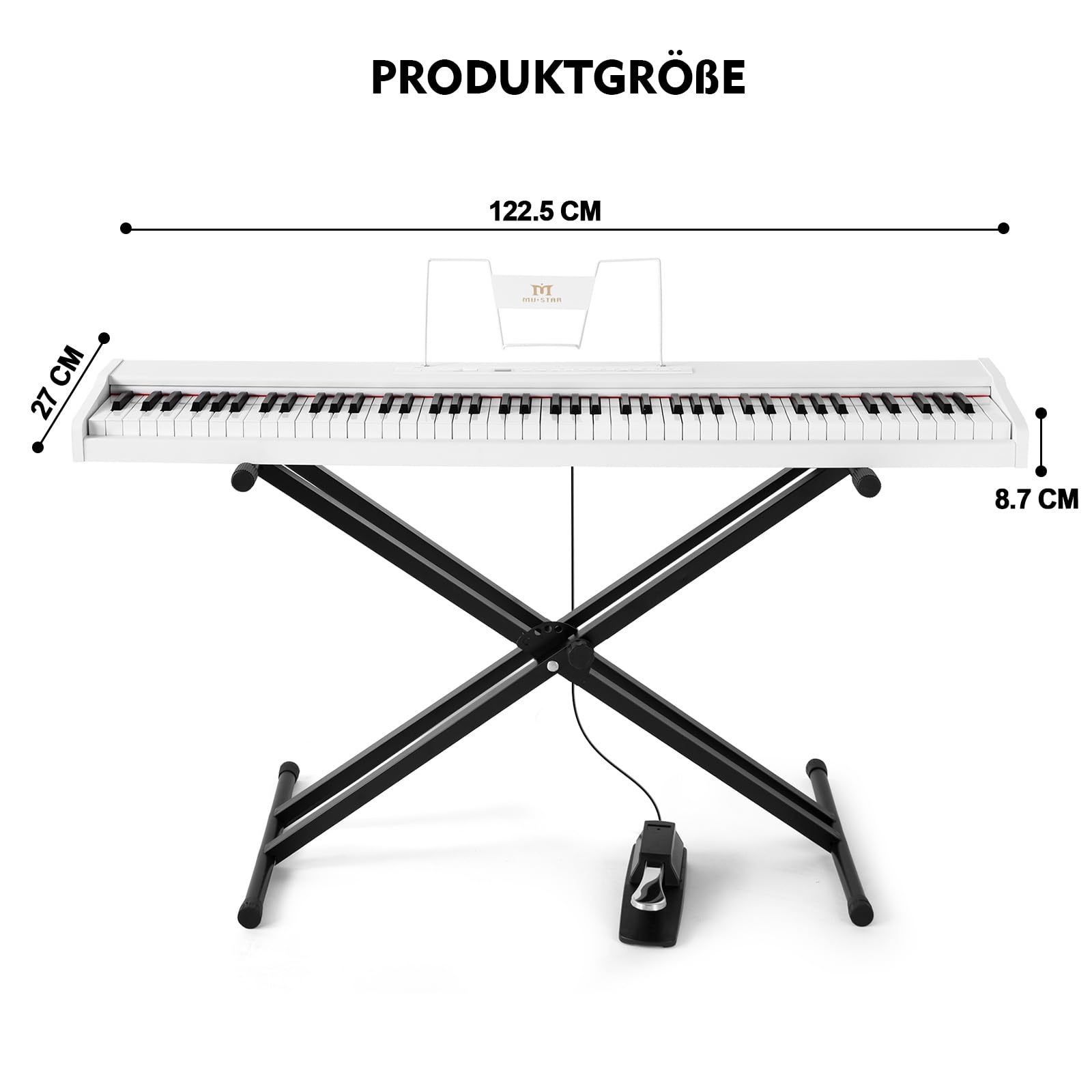 MUSTAR Digital Piano 88 Halbgewichtete Tasten mit Ständer, Volle Größe 88 Tasten Klavier für Anfänger, Tragbares E Piano, mit Kabellose Verbindung, Koffer, Sustain-Pedal, Weiß
